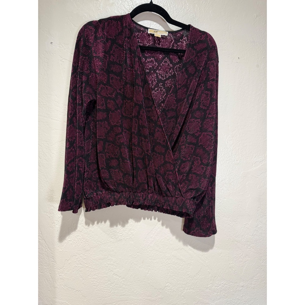 Michael Michael Kors Burgundy Snakeskin Pleated Surplice V-Neck Blouse Medium
